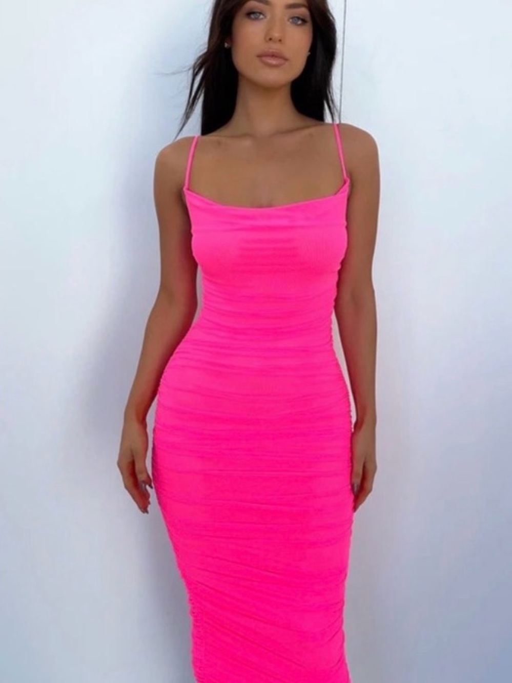 Neon Pink Ruched Midi Dress with Spaghetti Straps - Women- Linda Midi Dress